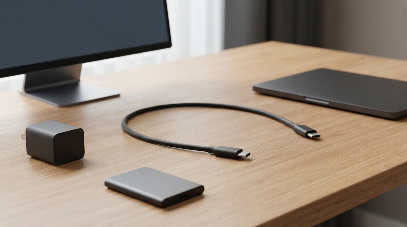 สาย USB-C สีดำเส้นเดียววางเชื่อมระหว่างแล็ปท็อปกับจอภาพบนโต๊ะทำงานเรียบสงบ