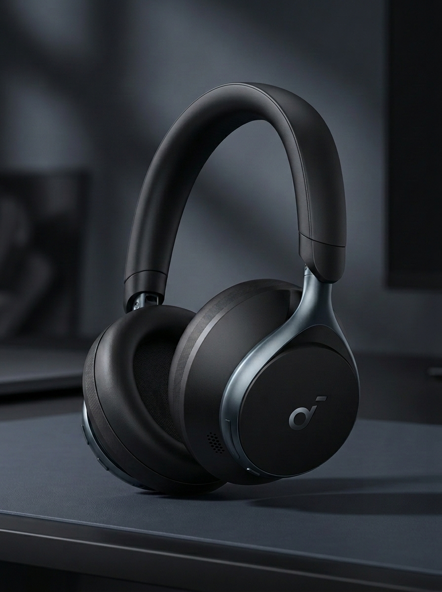หูฟังครอบหูไร้สาย soundcore Space One สี Jet Black โครงก้านโลหะสี Gunmetal Blue วางบนโต๊ะทำงาน