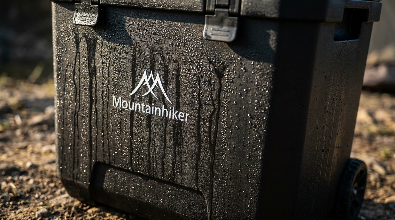 กระติกน้ำแข็งมีล้อ Mountainhiker สีดำ วางบนพื้นดินกลางแจ้ง เห็นหยดน้ำเกาะและโลโก้ Mountainhiker ใกล้ชัด