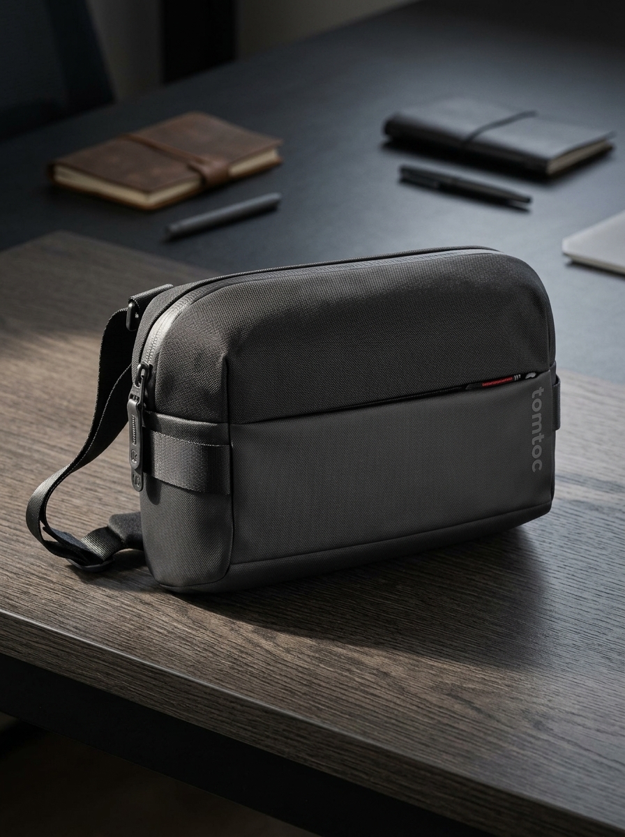 กระเป๋าสะพายข้าง tomtoc Explorer-T21 สีดำล้วน ทรงแนวนอนพร้อมซิปกันน้ำและตัวอักษร tomtoc วางบนโต๊ะไม้